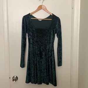 Dark Blue Green Velvet Long Sleeve Skater Dress